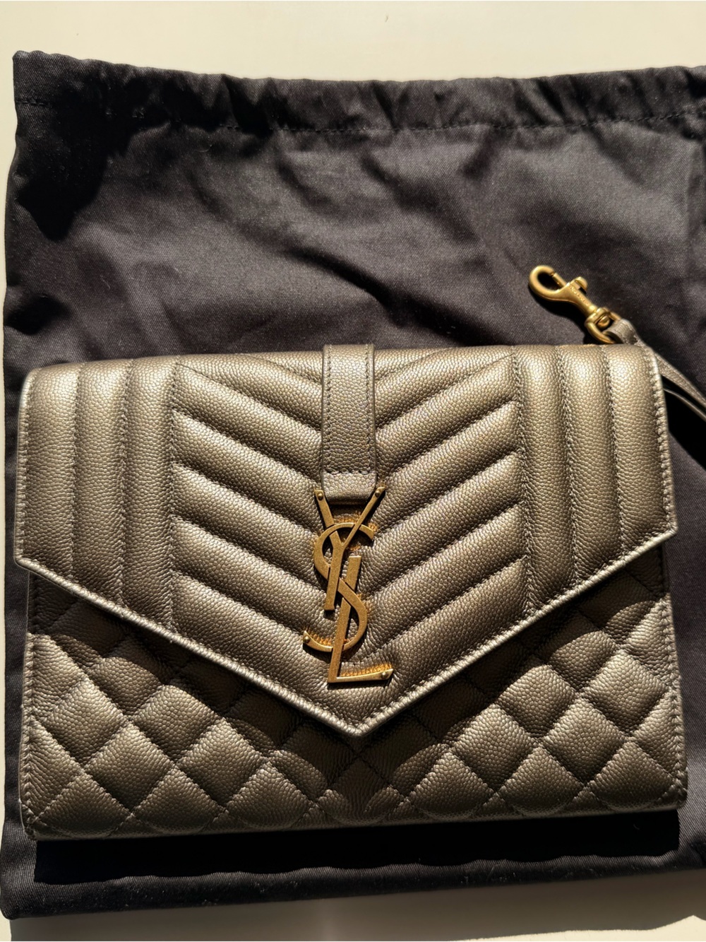 Saint Laurent Metallic Gold Quilted Chevron Wristlet Clutch
